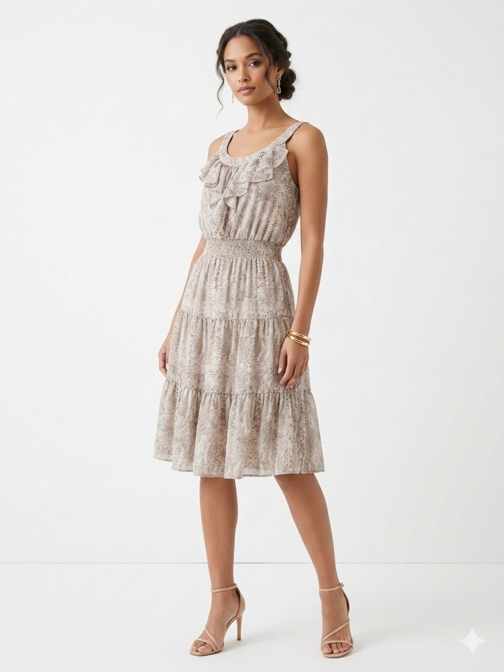 Rebecca Taylor 100% Silk Beige Snake-Print Ruffle Tiered Midi Dress
